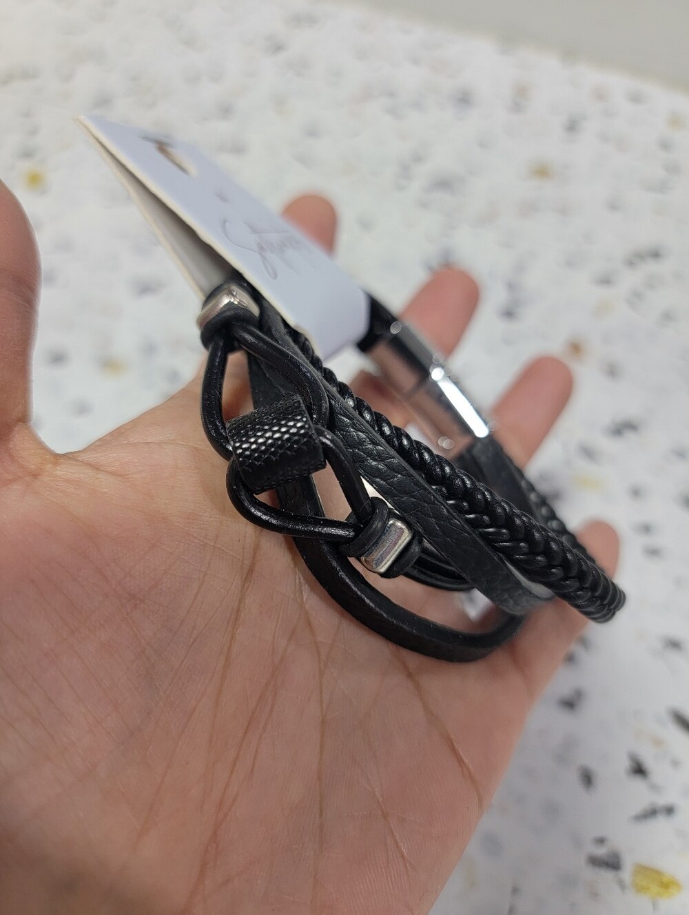 Black Braided Leather Men's Bracelet with Silver Accents